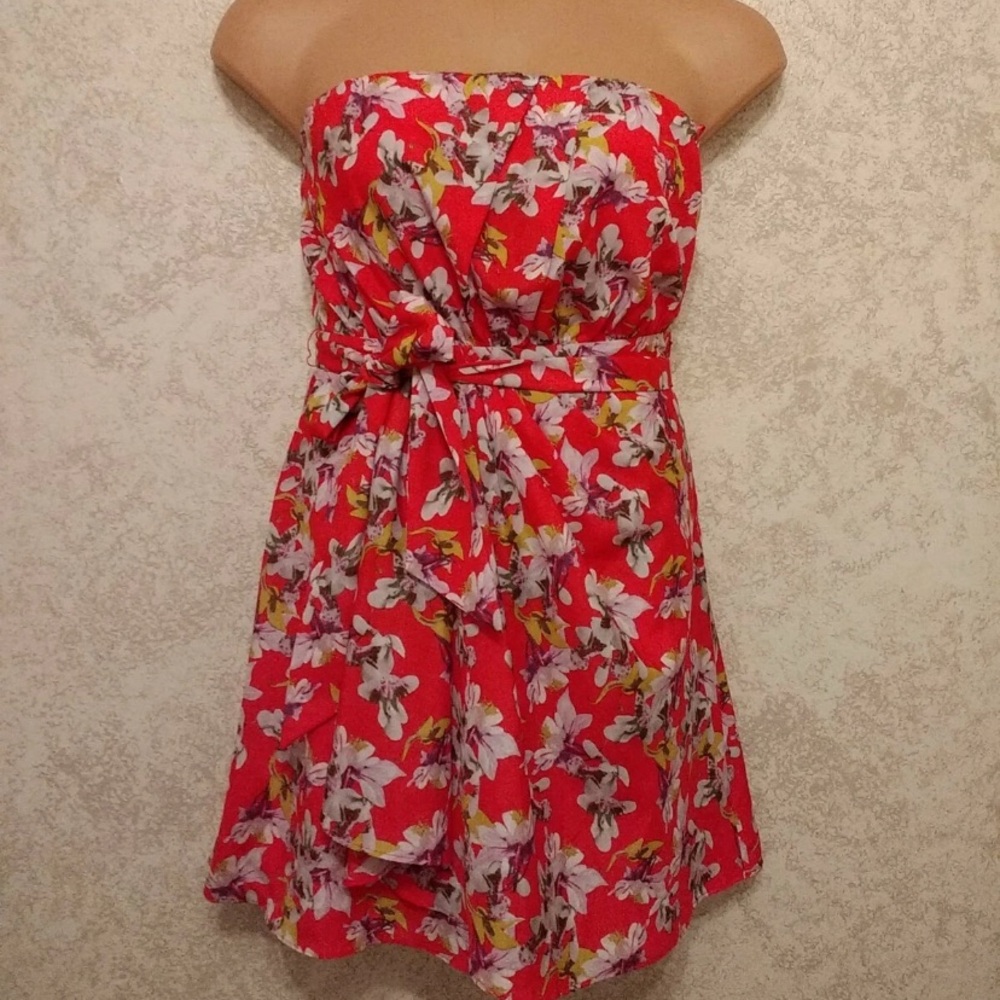 Express Strapless Dress with Red Floral Design